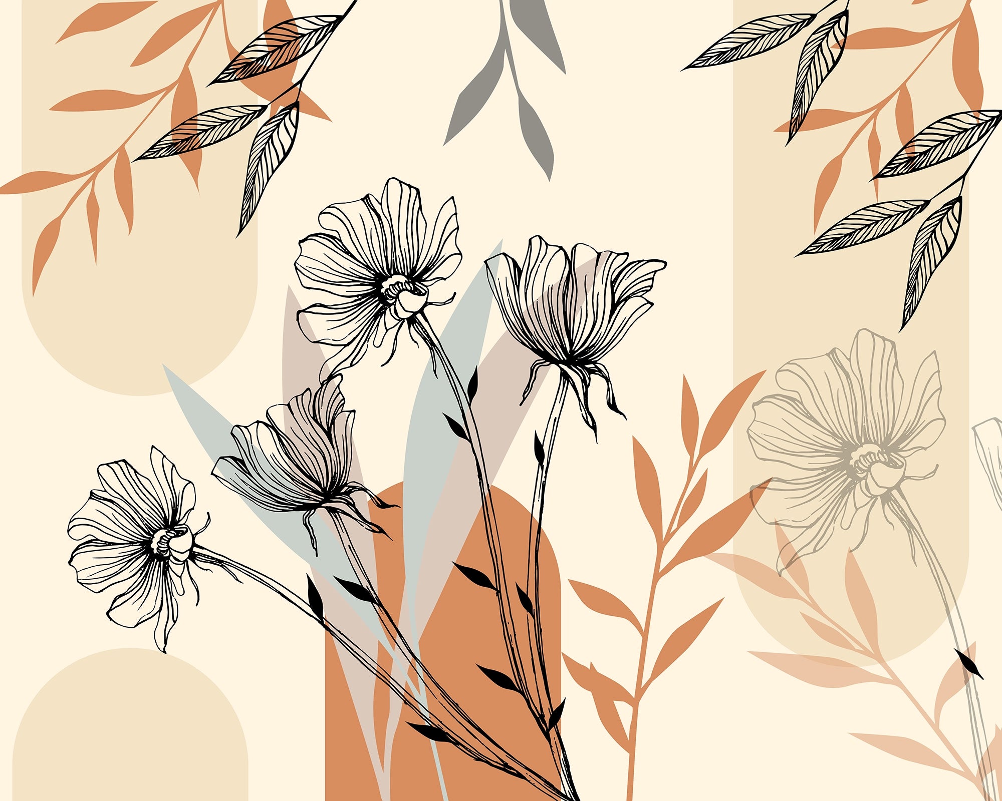 Orange Graphic Floral Pattern Wallpaper