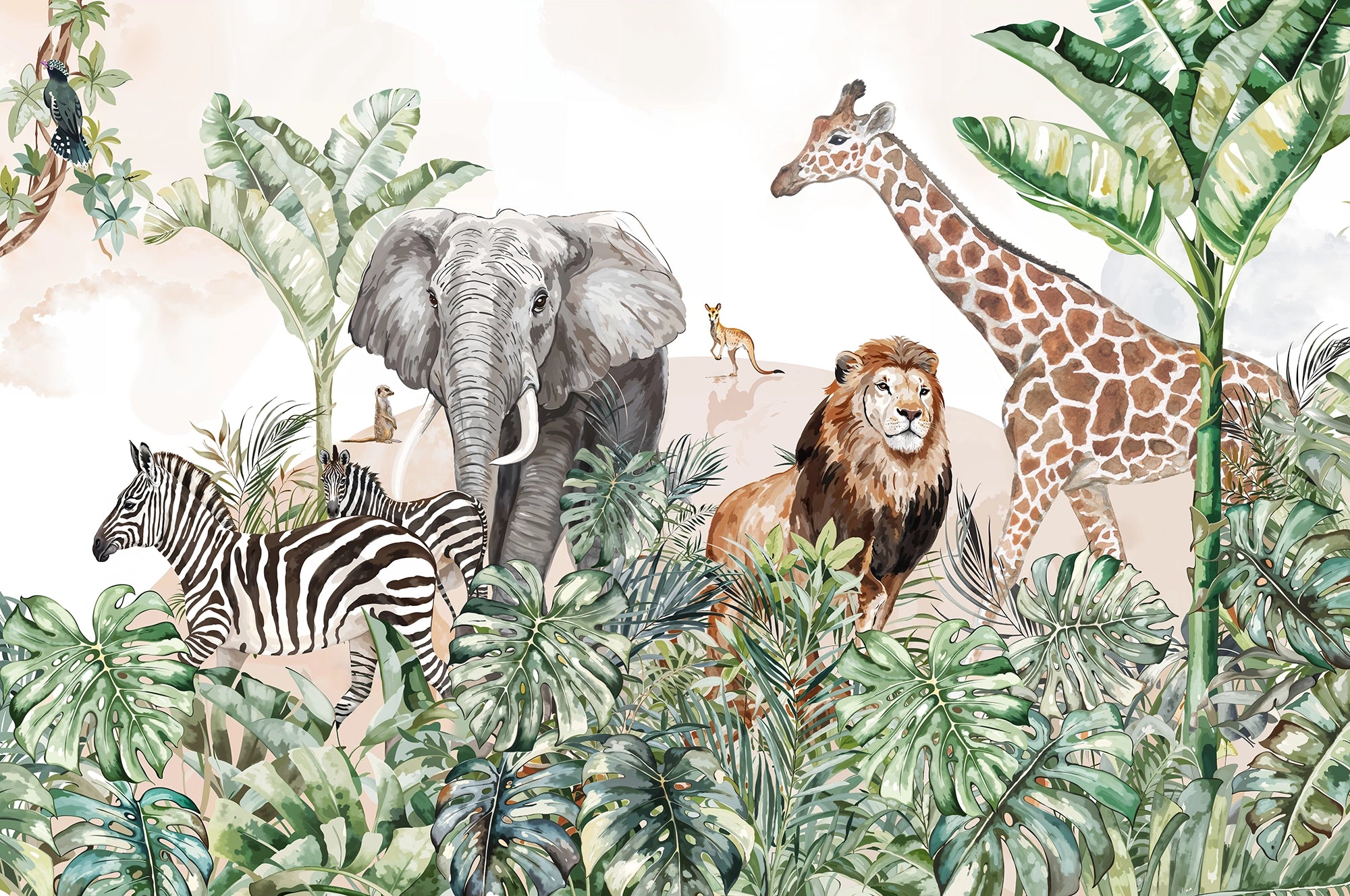 Zebra, lion, giraffe &amp; elephant panoramic wallpaper