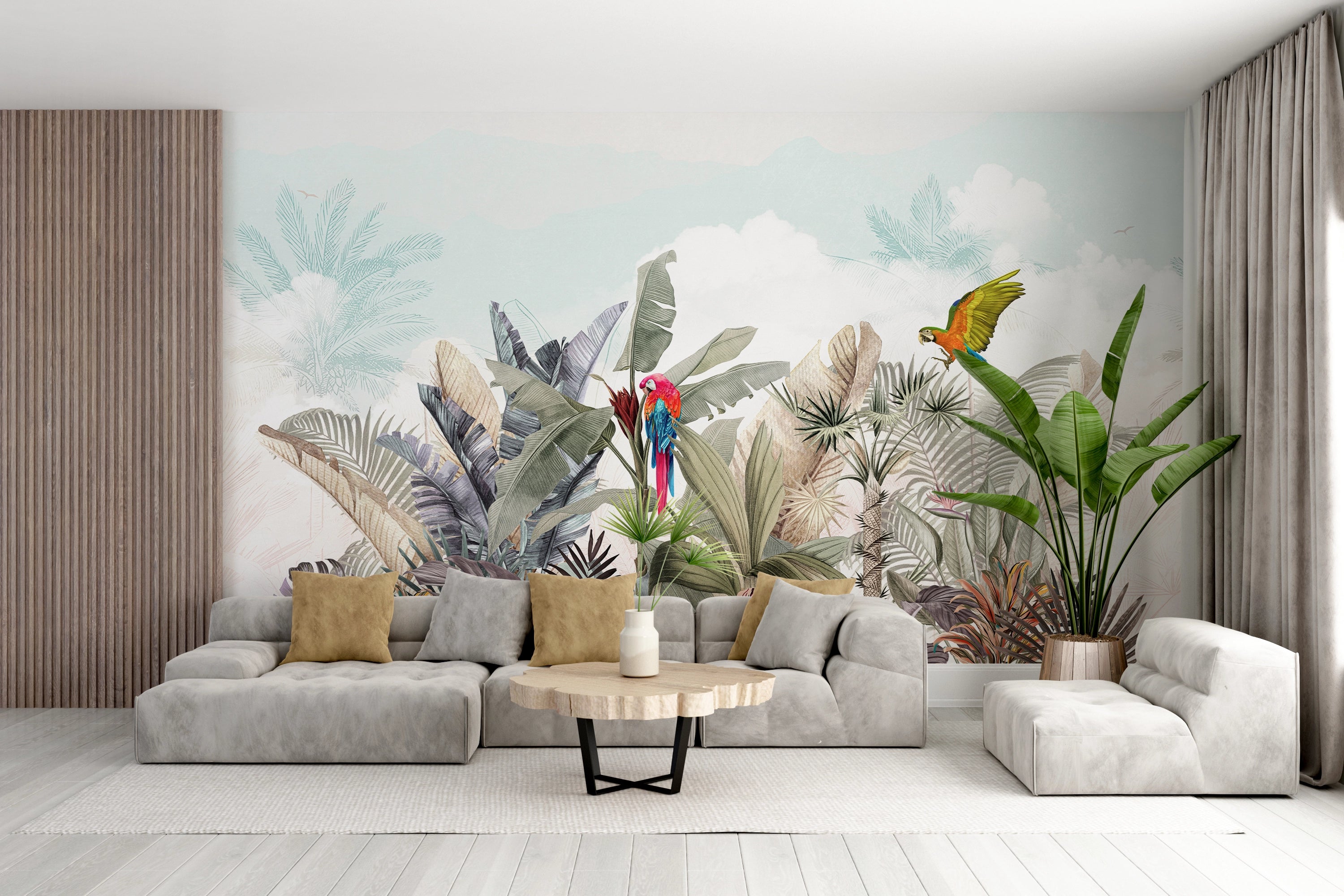 Exotic Leaves and Tropical Parrots Wall Mural