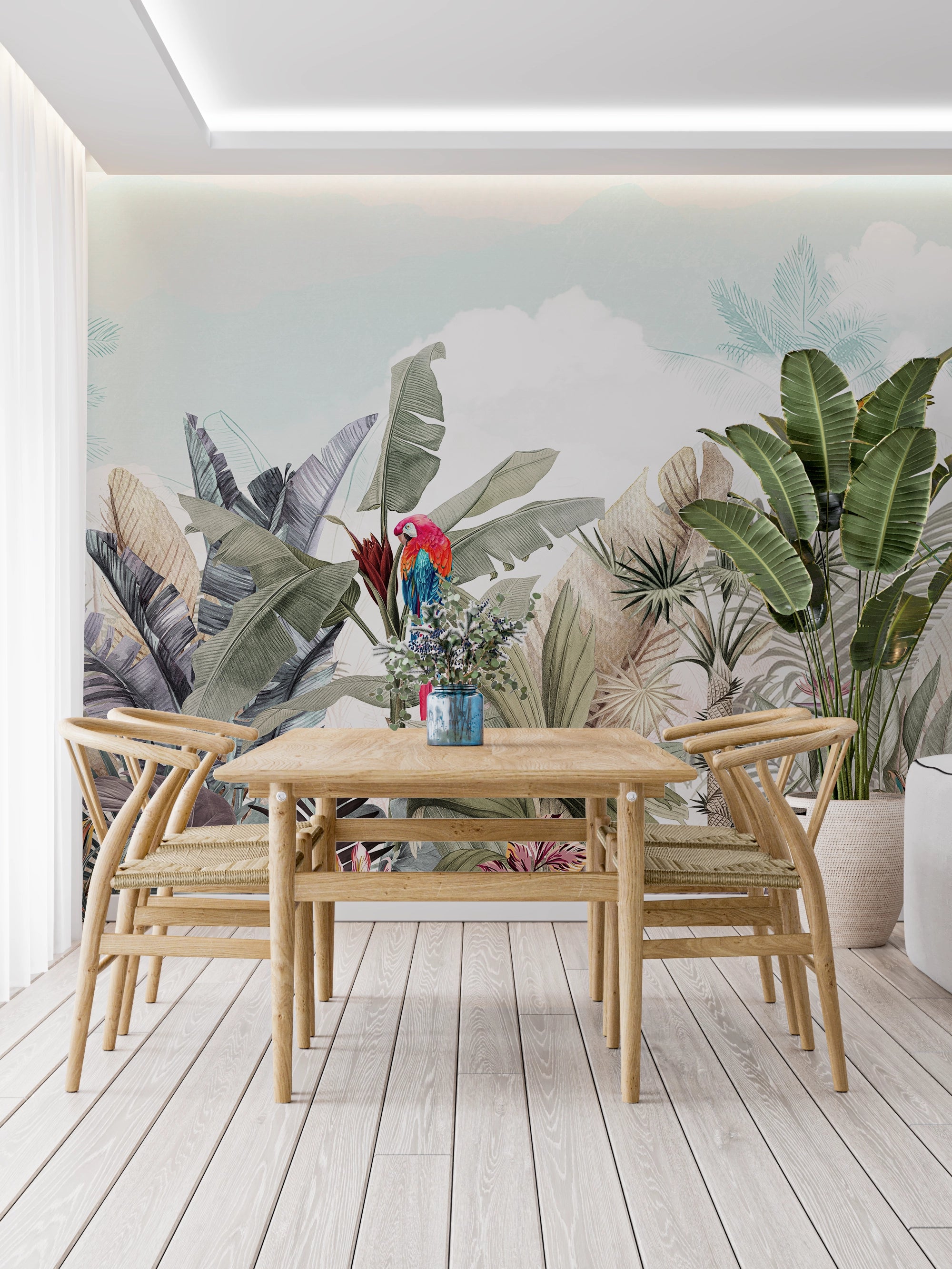 Exotic Leaves and Tropical Parrots Wall Mural