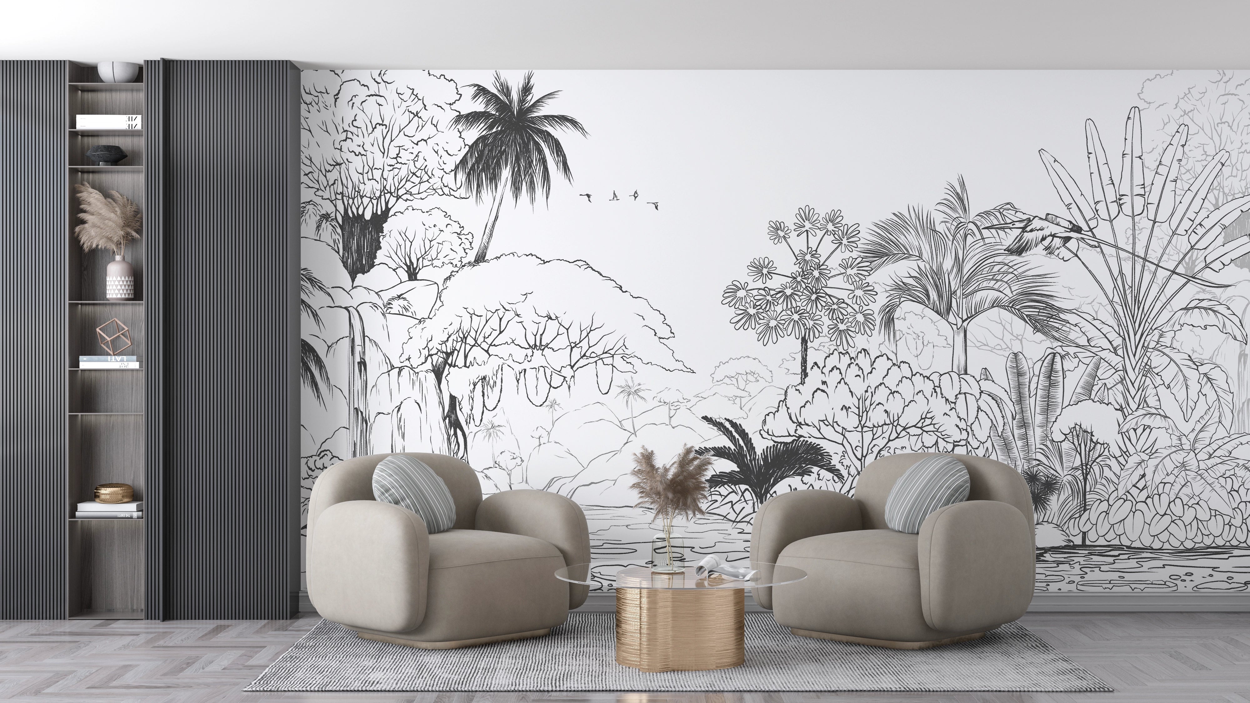 Black and white forest panoramic mural