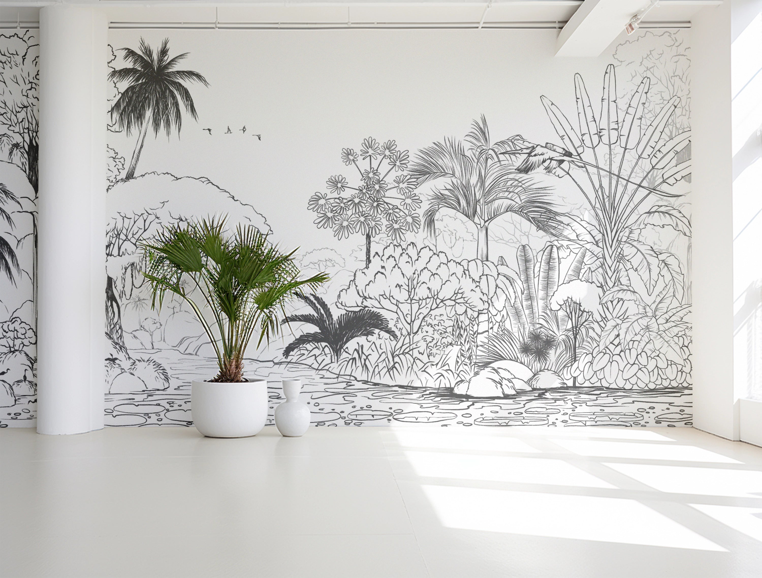 Black and white forest panoramic mural