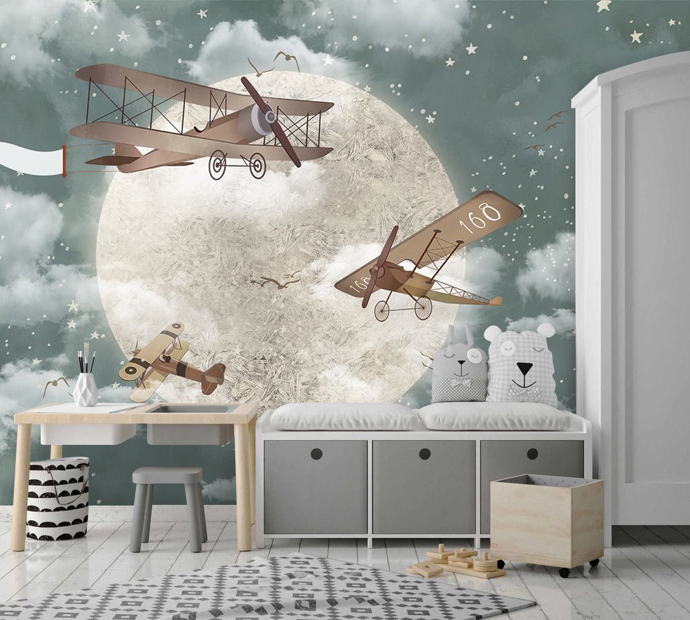 Papier peint avions dans le ciel chambre enfant - Kam & Leon