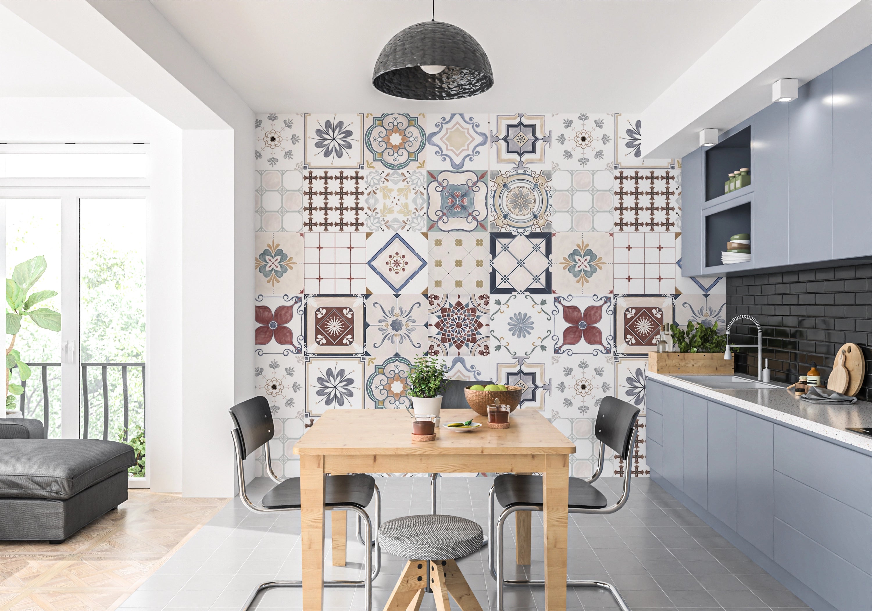 Cement tile wallpaper with arabesque patterns