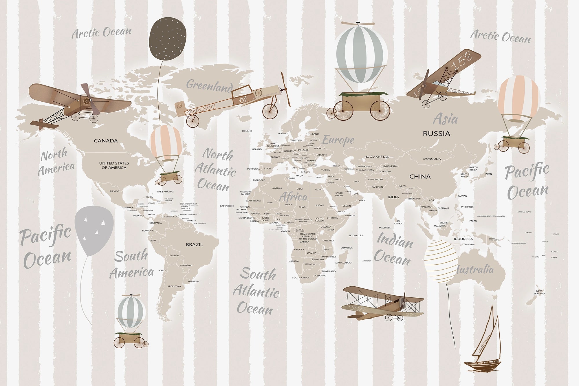 World map, planes, boats &amp; hot air balloons wallpaper