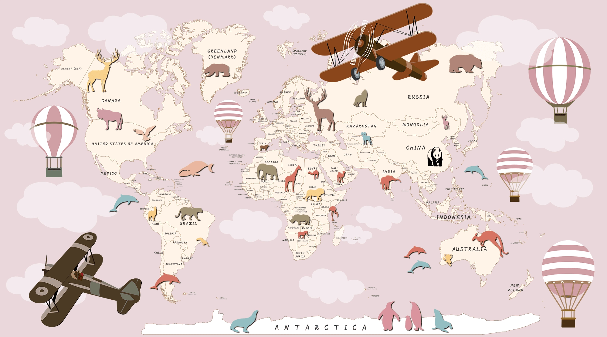 Papier peint carte du monde rose - Kam et Léon