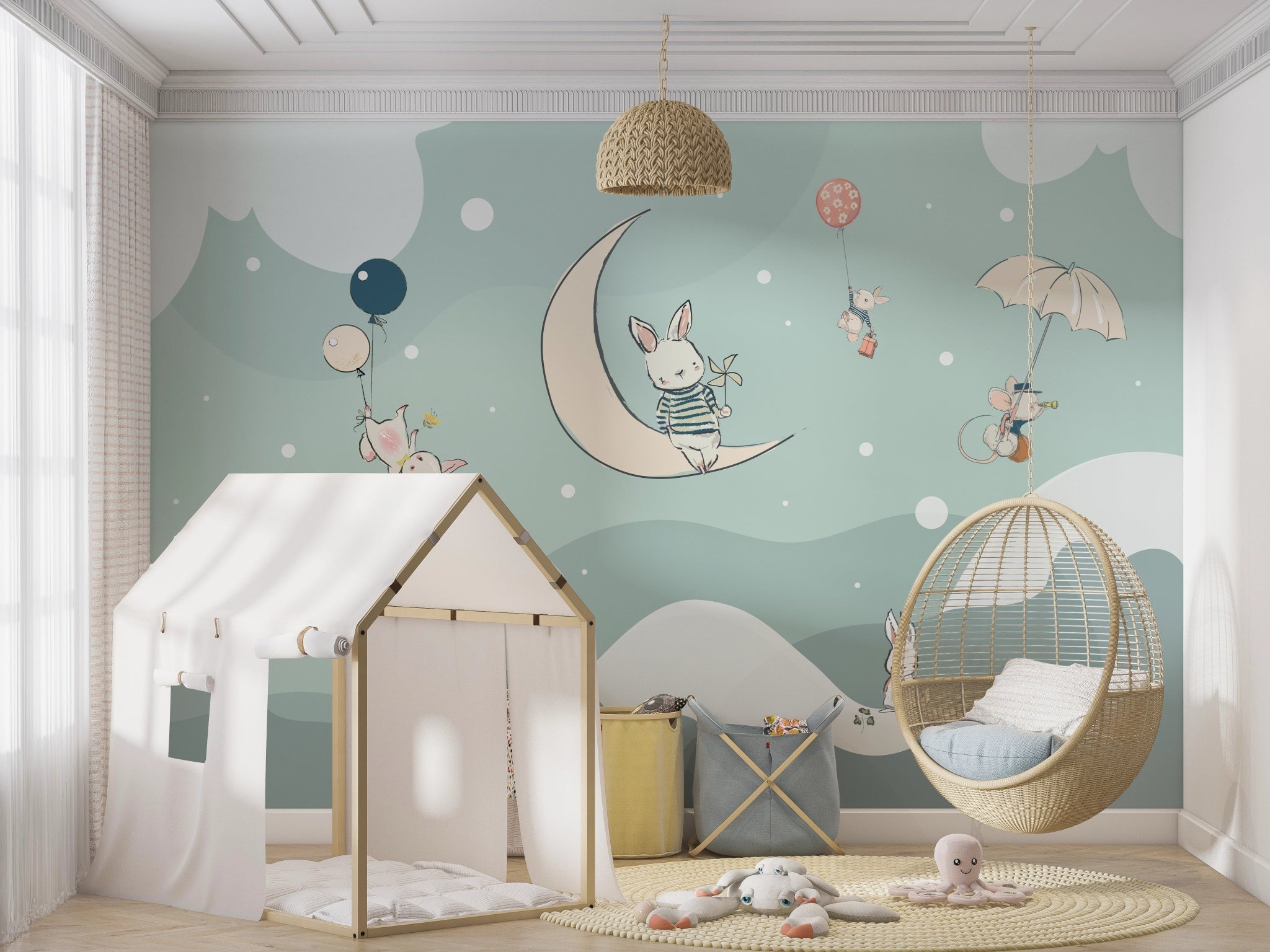 Papier Peint Chambre Enfant Lapin Sur La Lune - Kam & Leon