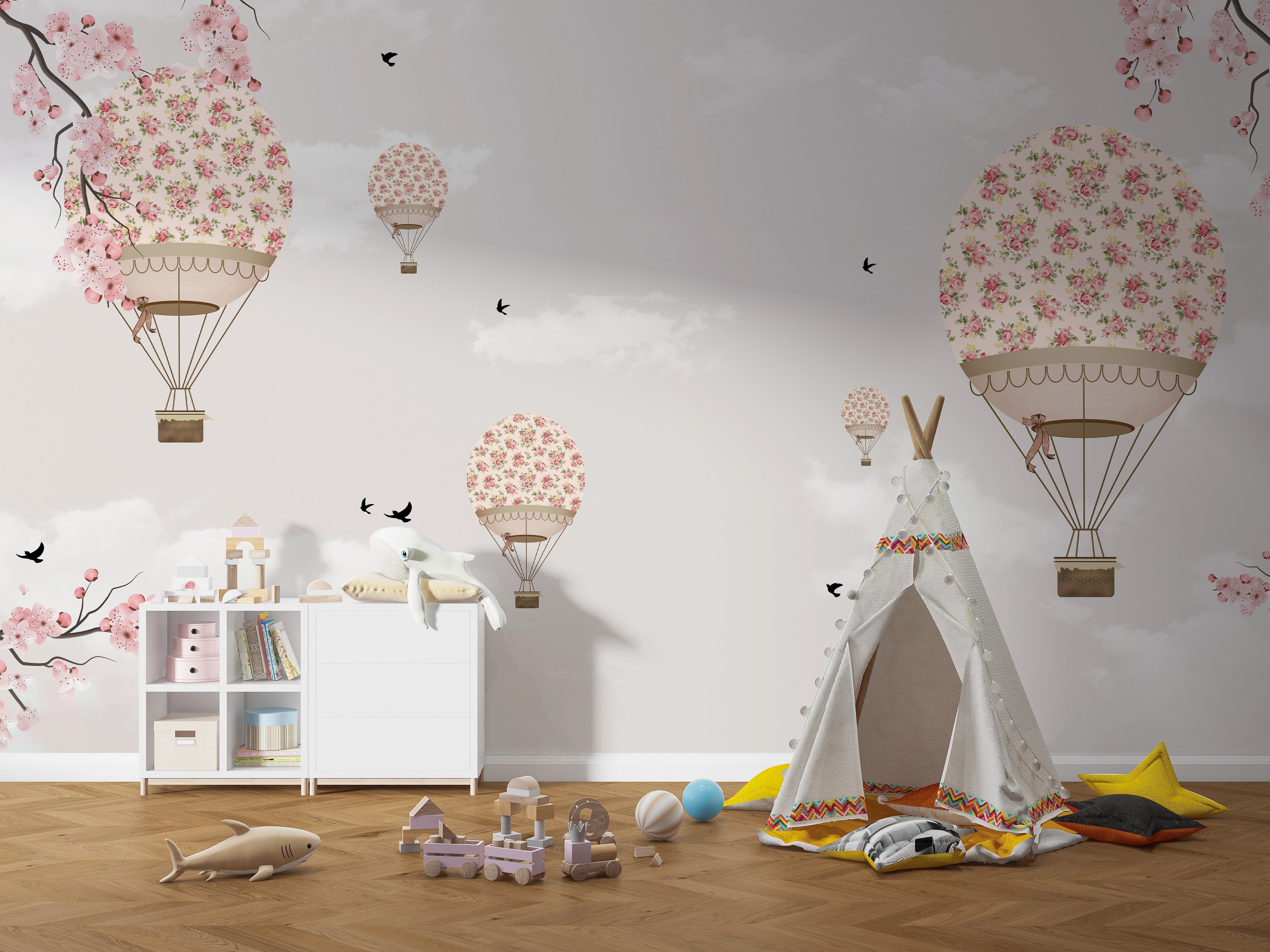 Children's wallpaper hot air balloons with flowers