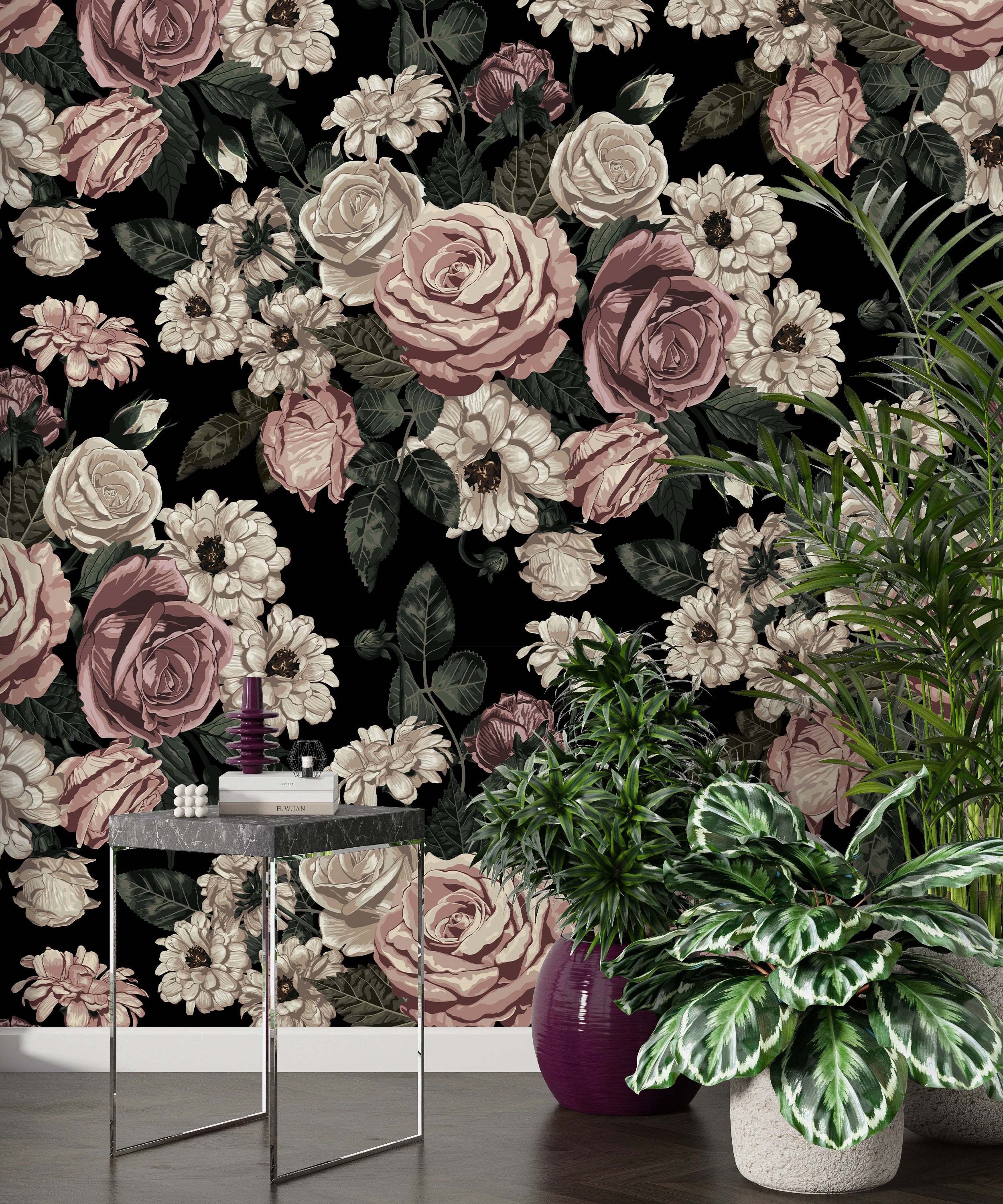 Vintage Floral Wallpaper - Romantic Roses on Black Background