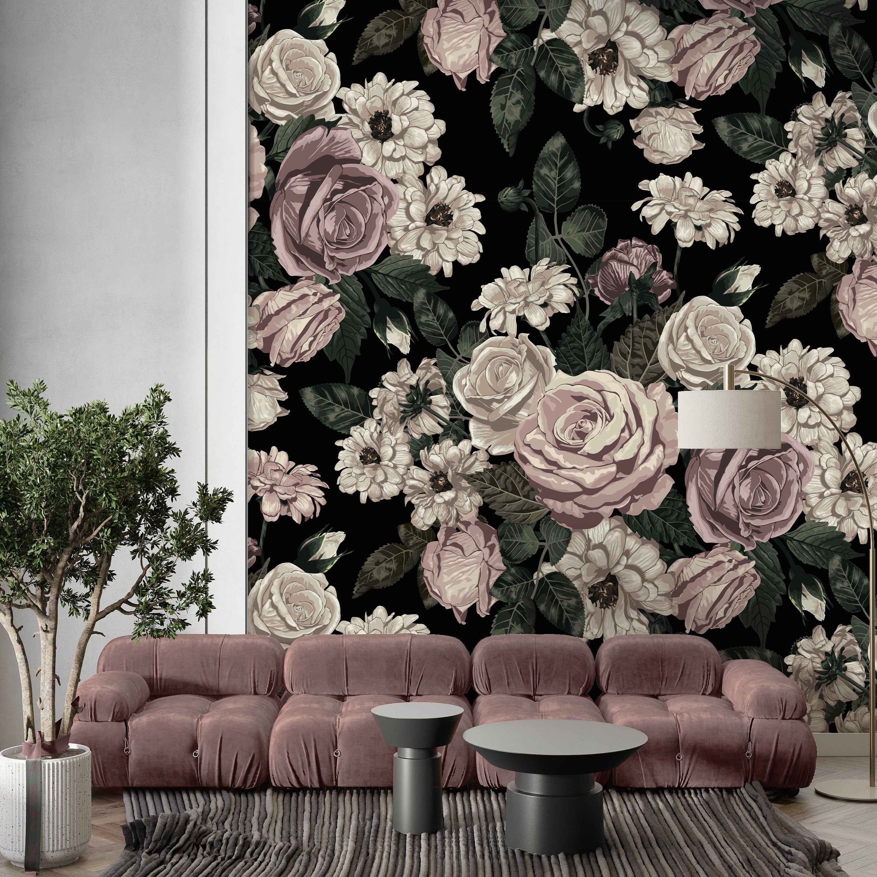 Vintage Floral Wallpaper - Romantic Roses on Black Background