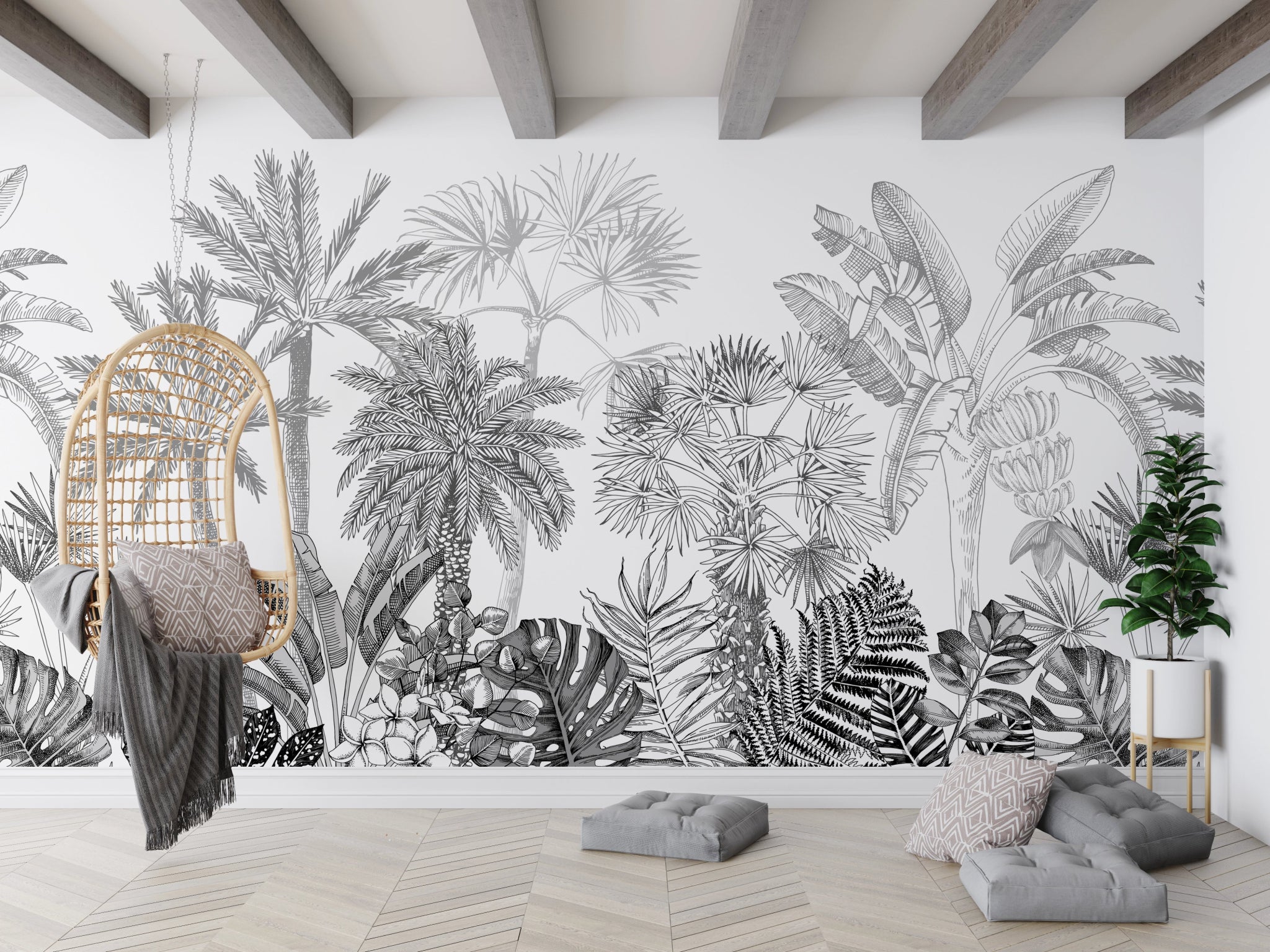 Papier Peint Forêt Tropicale en Noir et Blanc - Kam et Léon