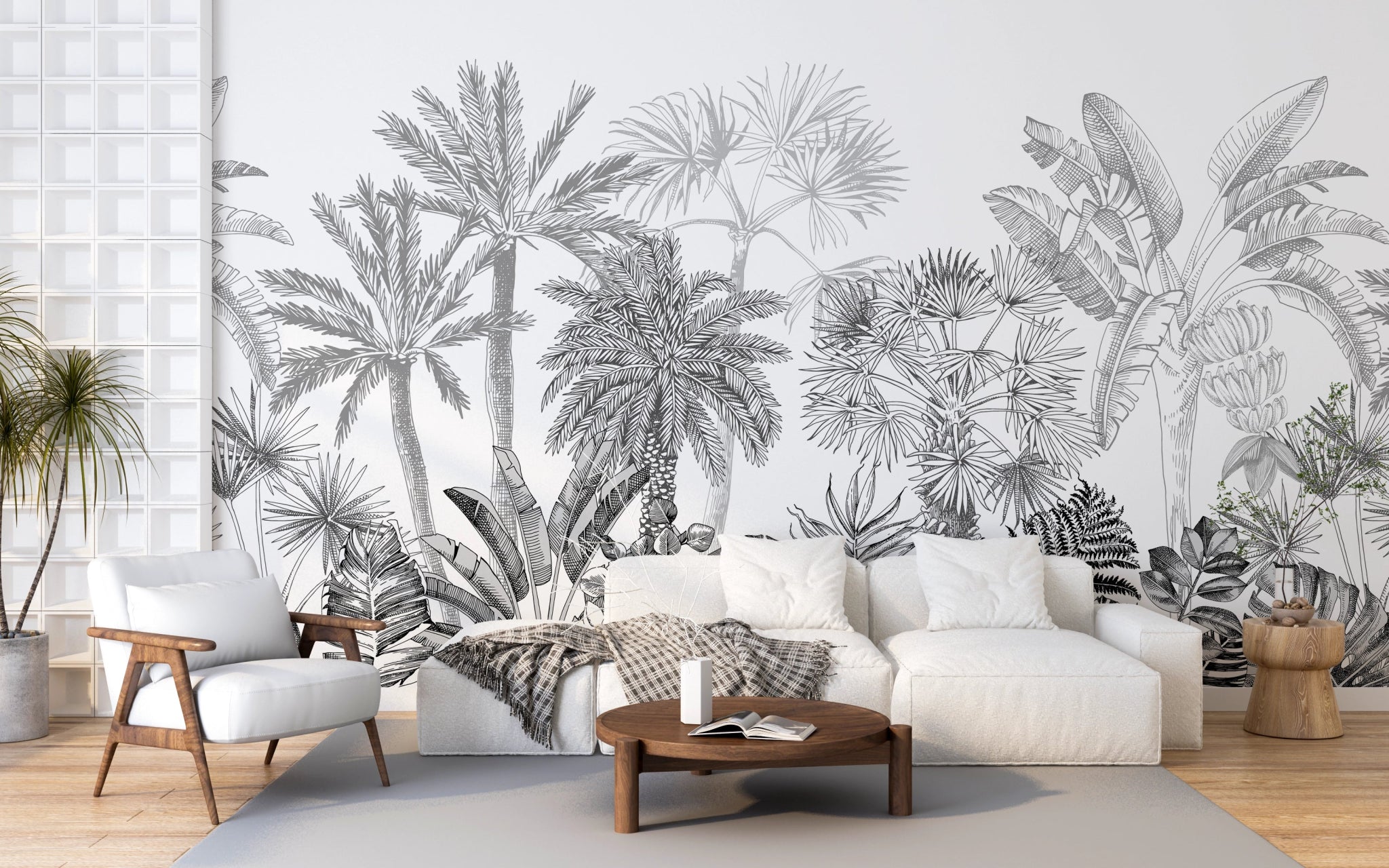 Papier Peint Forêt Tropicale en Noir et Blanc - Kam et Léon