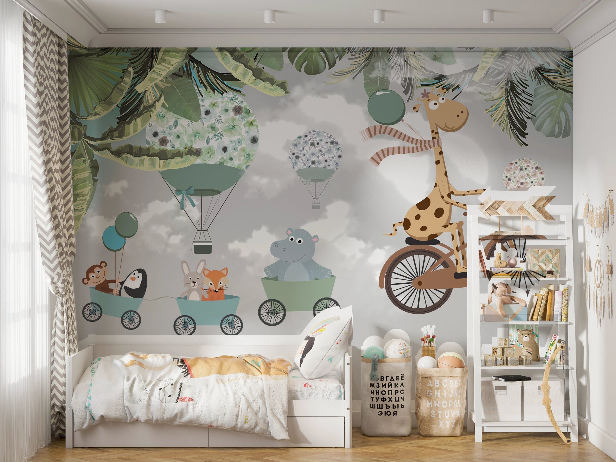 Papier peint panoramique animaux à vélo chambre enfant - Kam et Léon