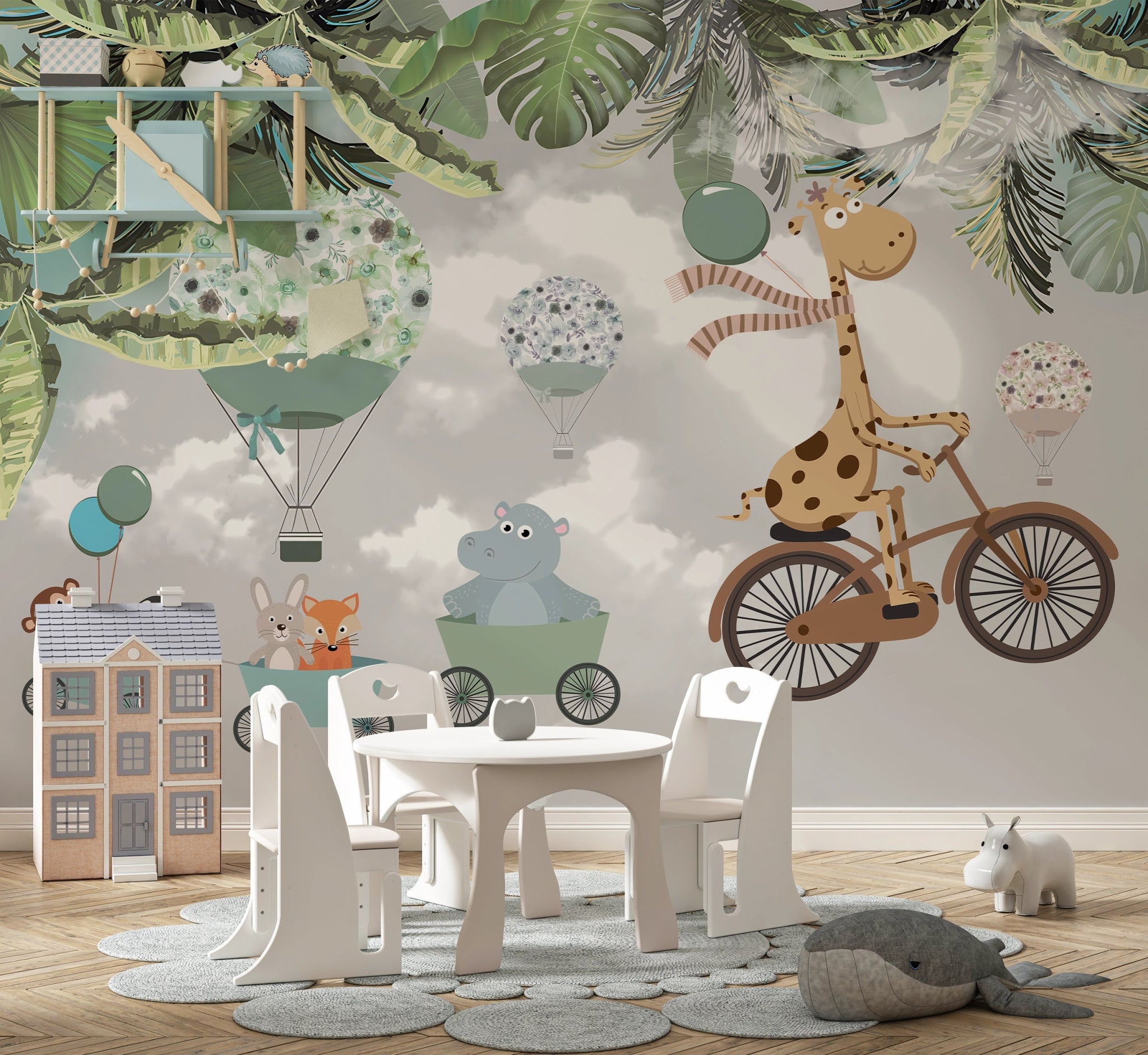 Papier peint panoramique animaux à vélo chambre enfant - Kam et Léon