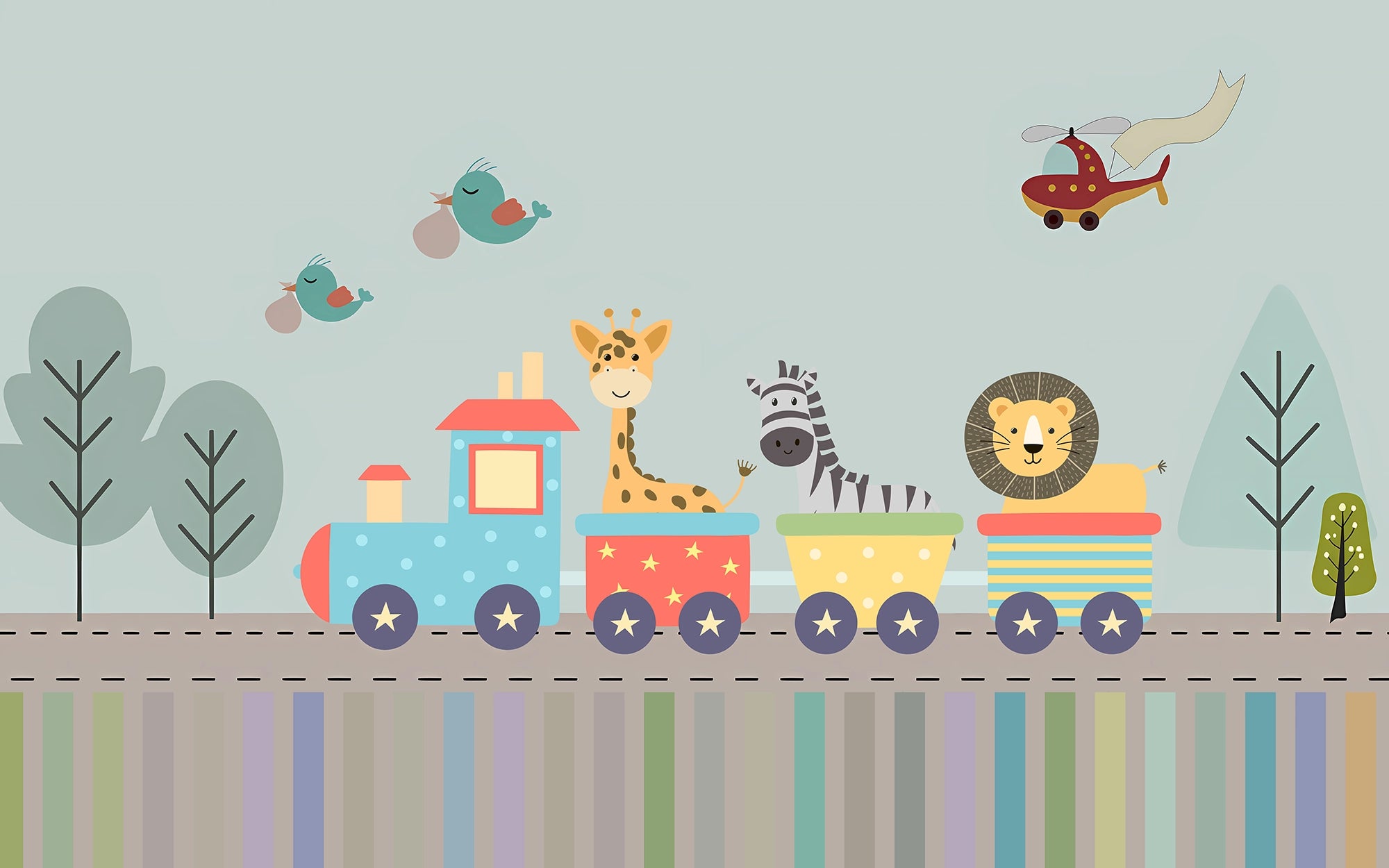 Panoramic Wallpaper Animals in a Little Train