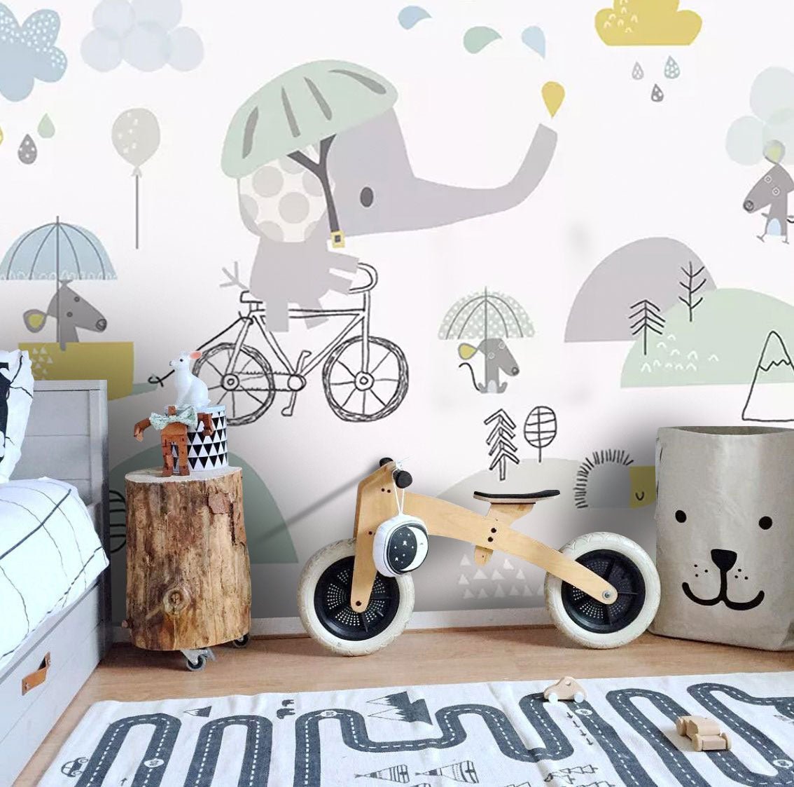 Papier peint panoramique éléphant à vélo - Kam & Leon