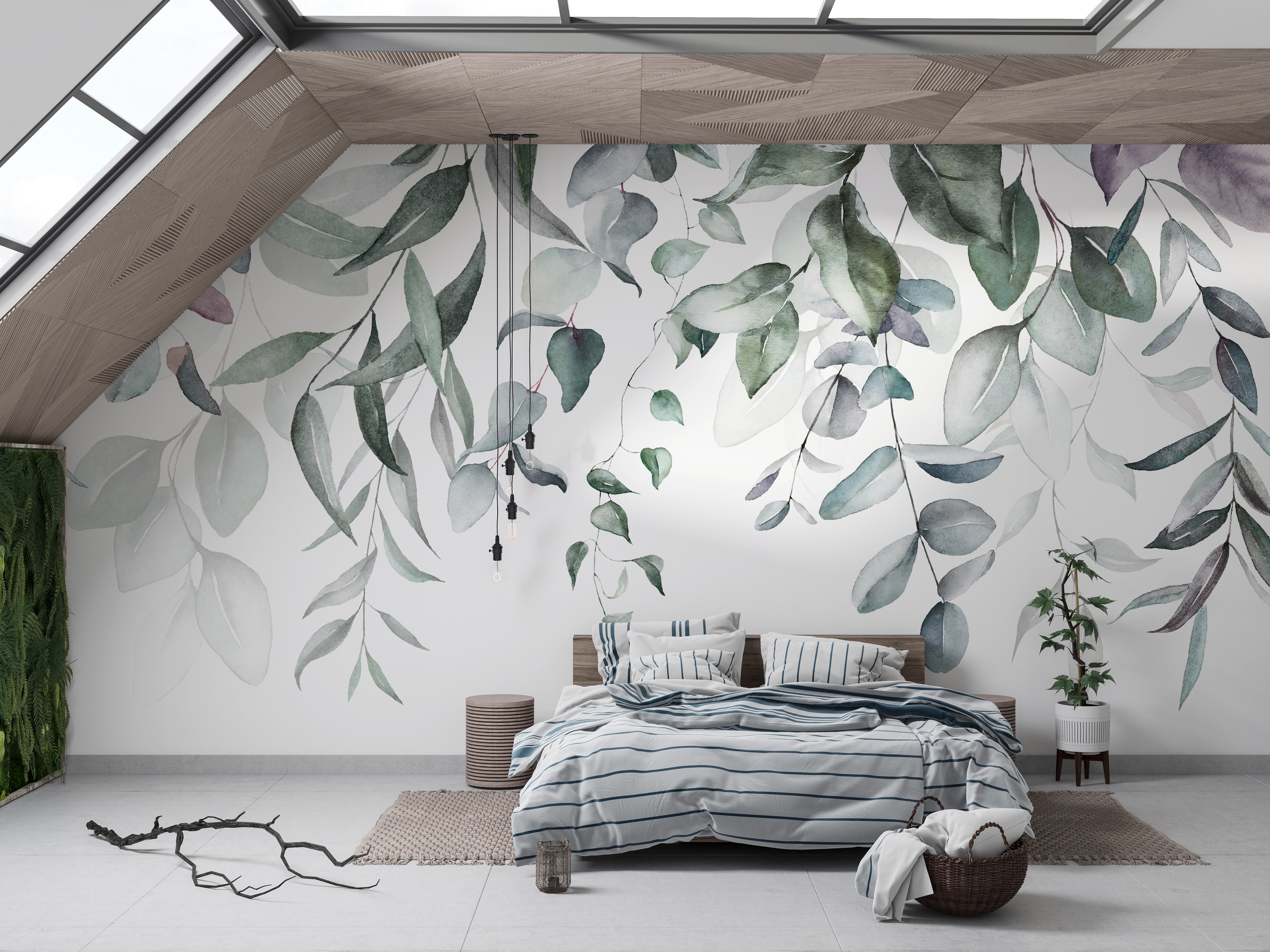 Watercolor eucalyptus panoramic wallpaper