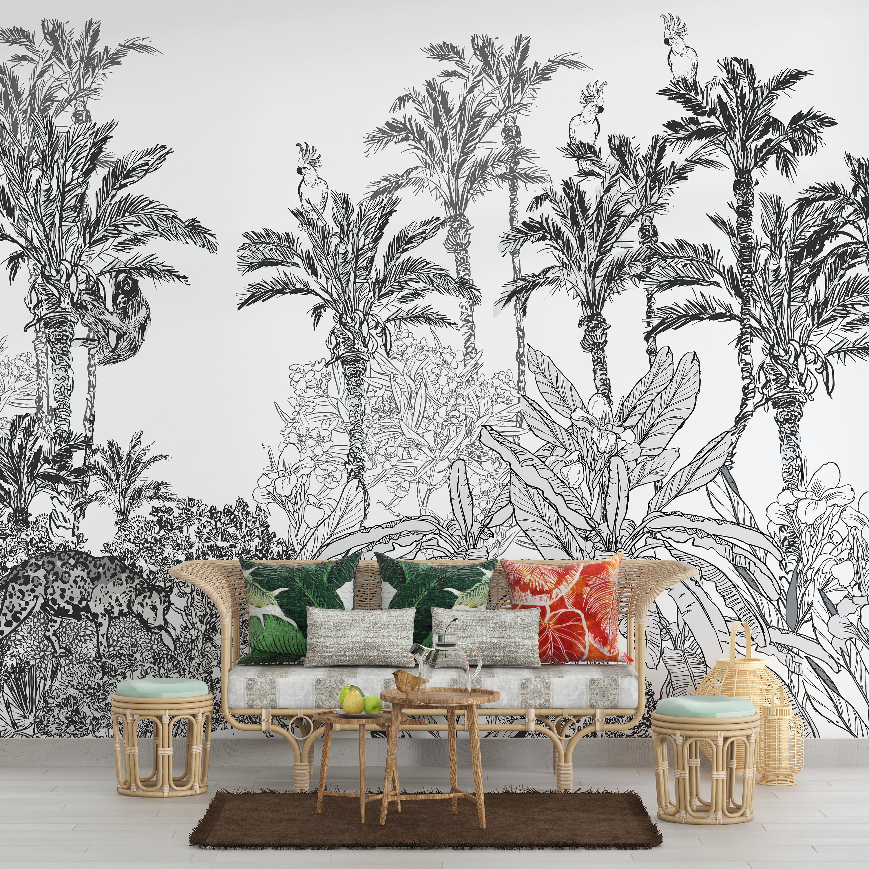 Black and White Jungle Panoramic Wallpaper - Illustrated Exotic Landscape