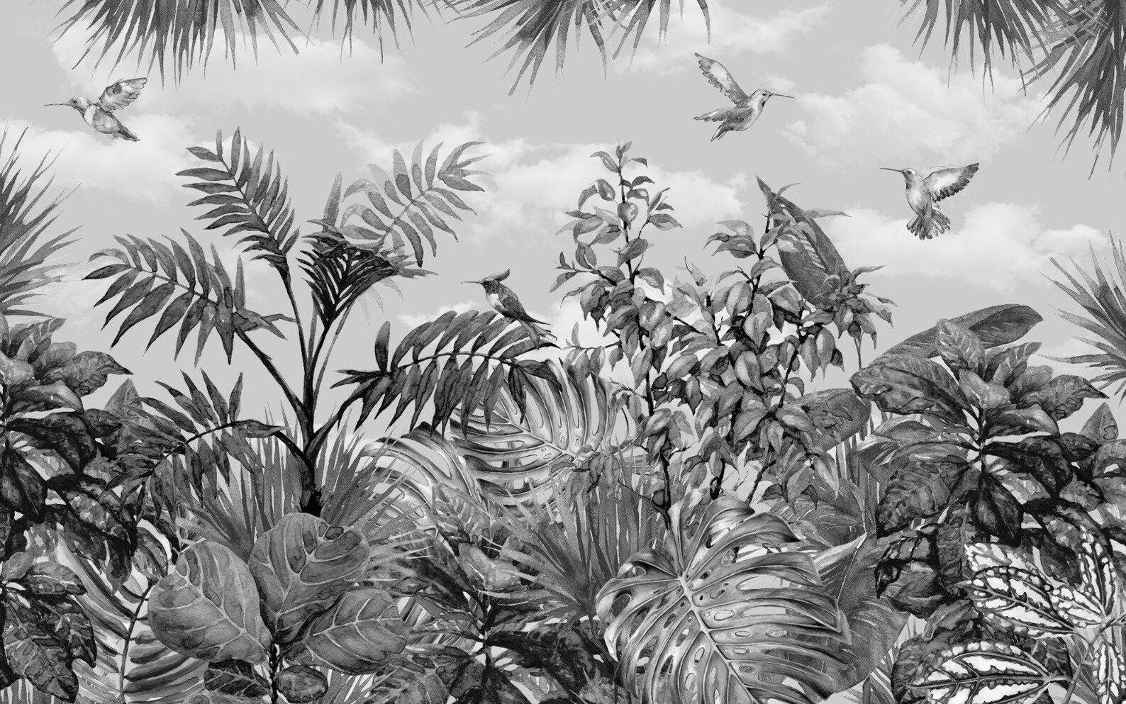 Papier peint panoramique jungle tropicale noir et blanc - Kam & Leon