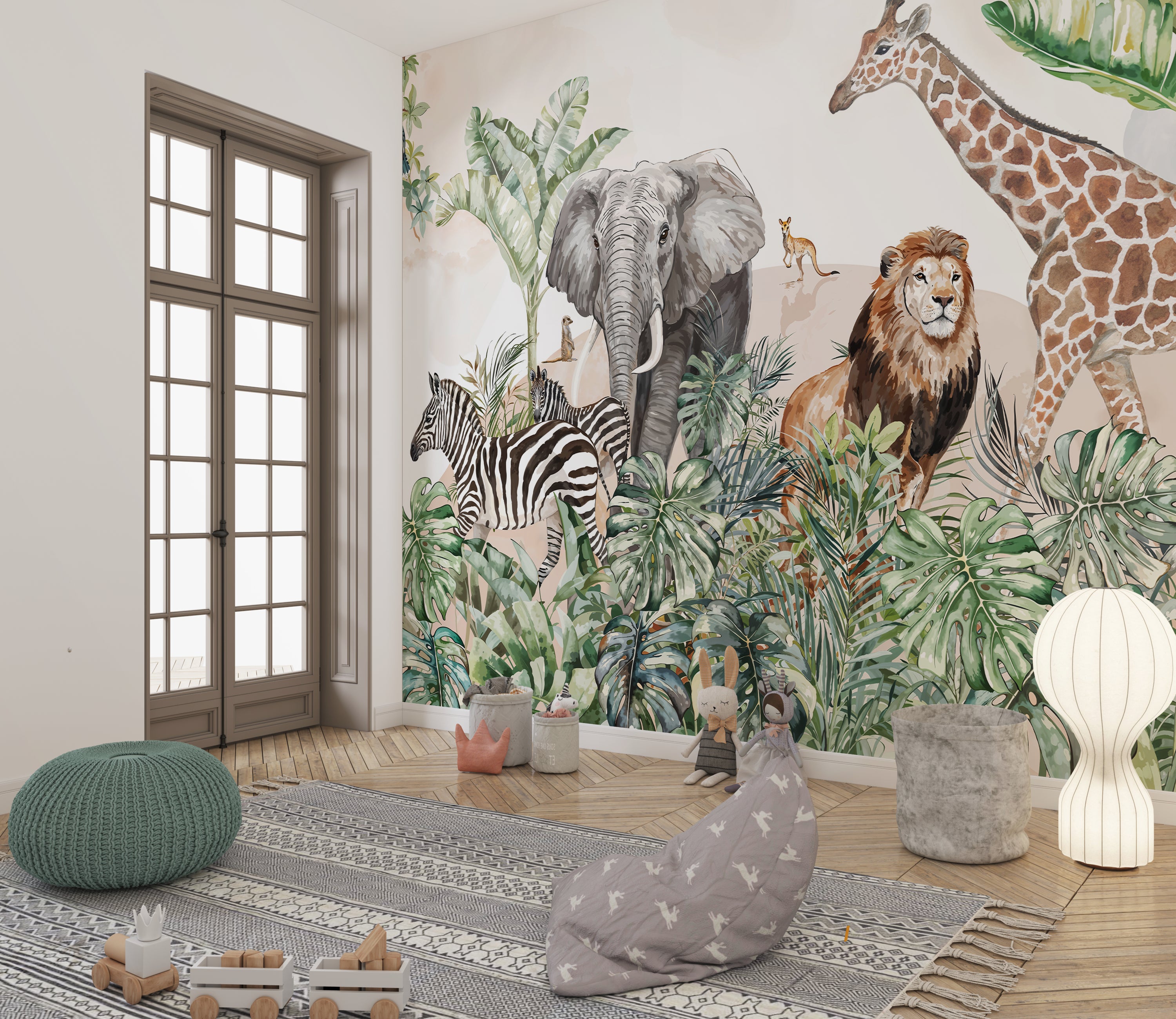 Zebra, lion, giraffe &amp; elephant panoramic wallpaper