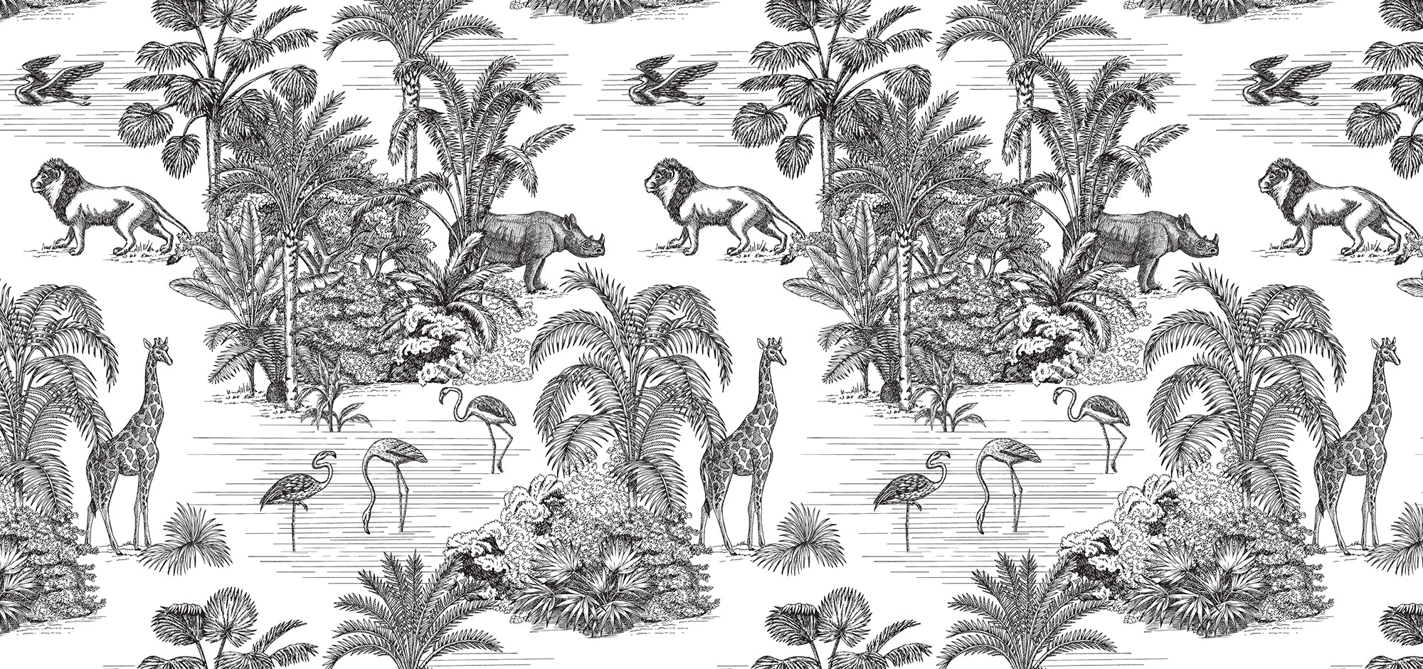 Papier Peint Tropical Toile de Jouy Safari Exotique Lion & Girafe - Kam et Léon